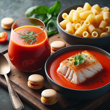 Un vaso de gazpacho, un plato de macarrones con salsa de tomate, otro plato de bacalao en salsa, y macarons